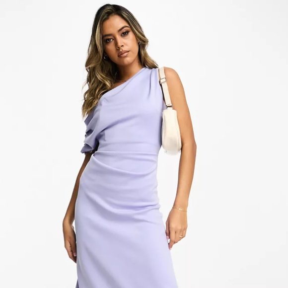 ASOS fallen shoulder soft line skater prom midi dress in lilac - Picture 2 of 4